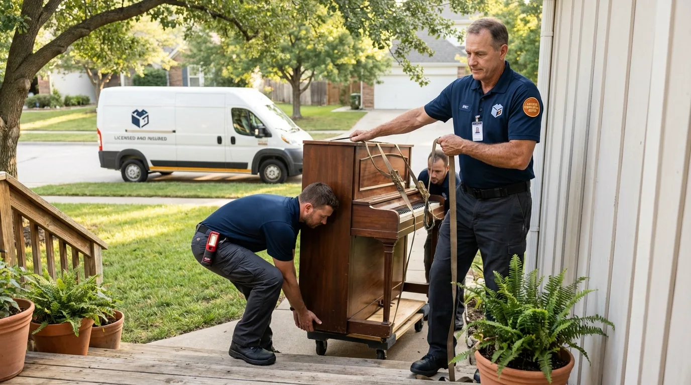 Licensed piano movers securing grand piano in University Park, IL