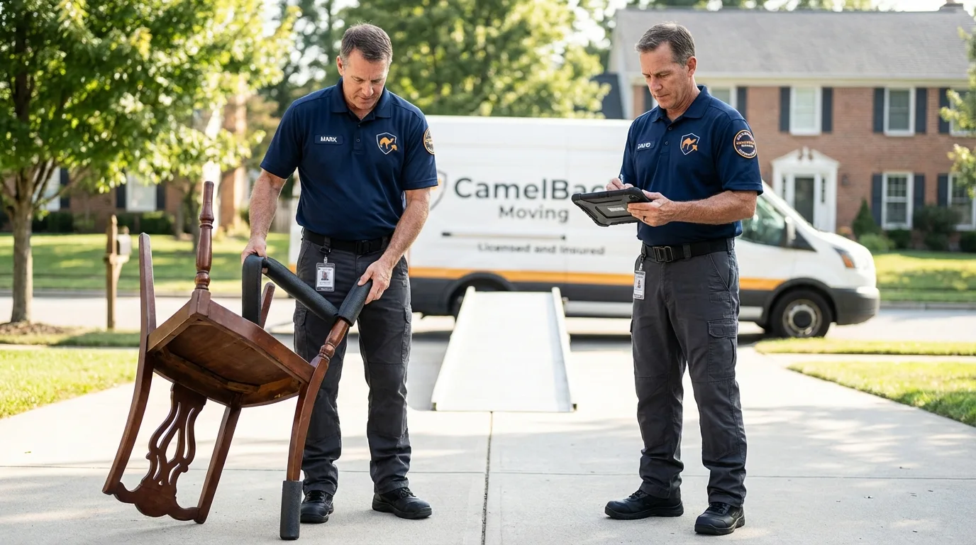 Movers inspecting furniture for damage prevention before loading in University Park, IL