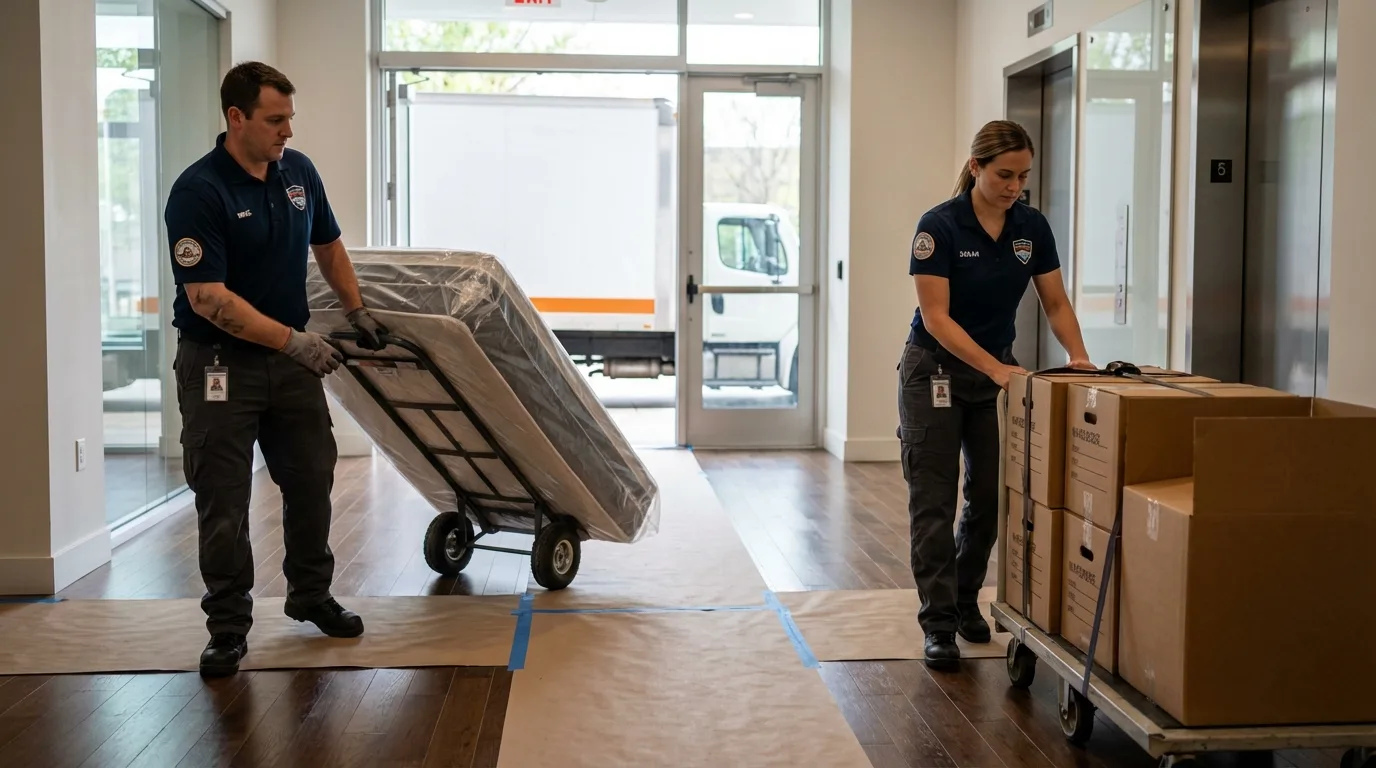Professional apartment movers loading elevator in University Park, IL