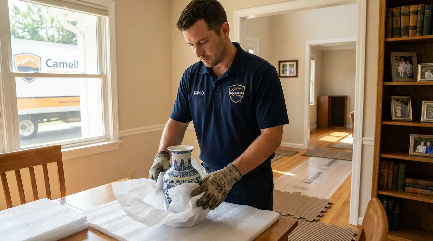 Professional crew carefully wrapping antique vase for senior downsizing move in University Park, IL