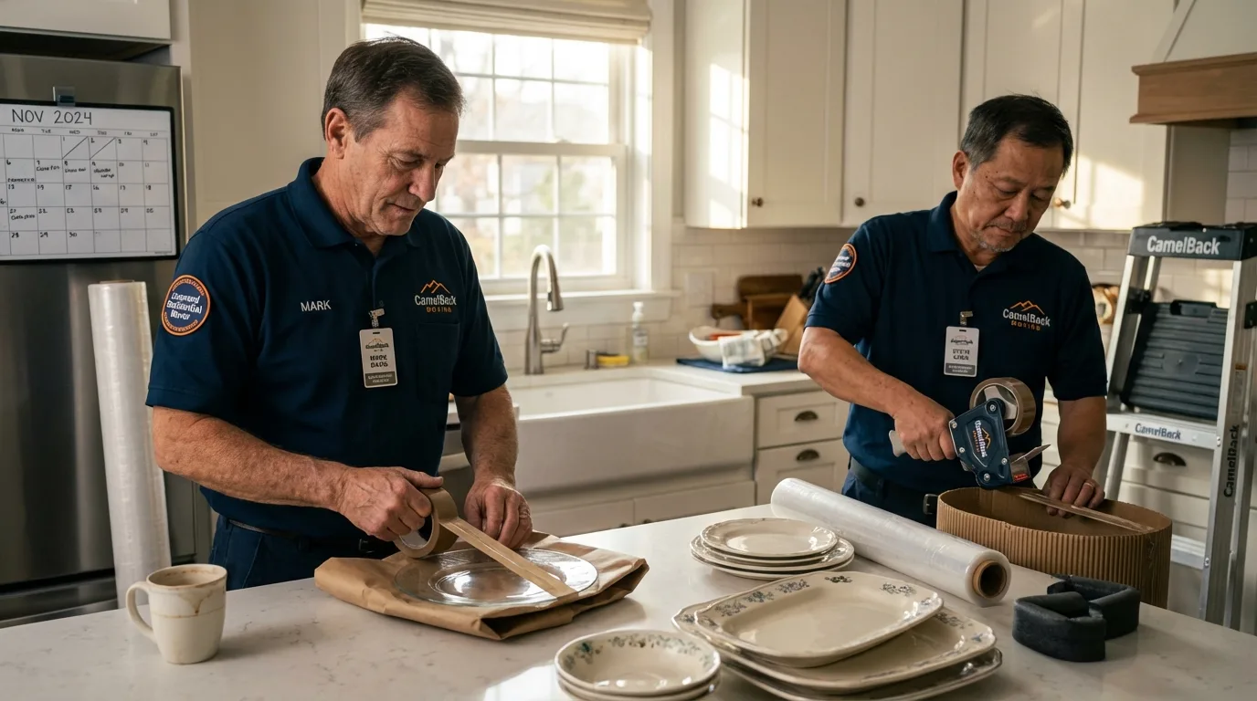 Professional crew packing kitchen dishware in University Park, IL